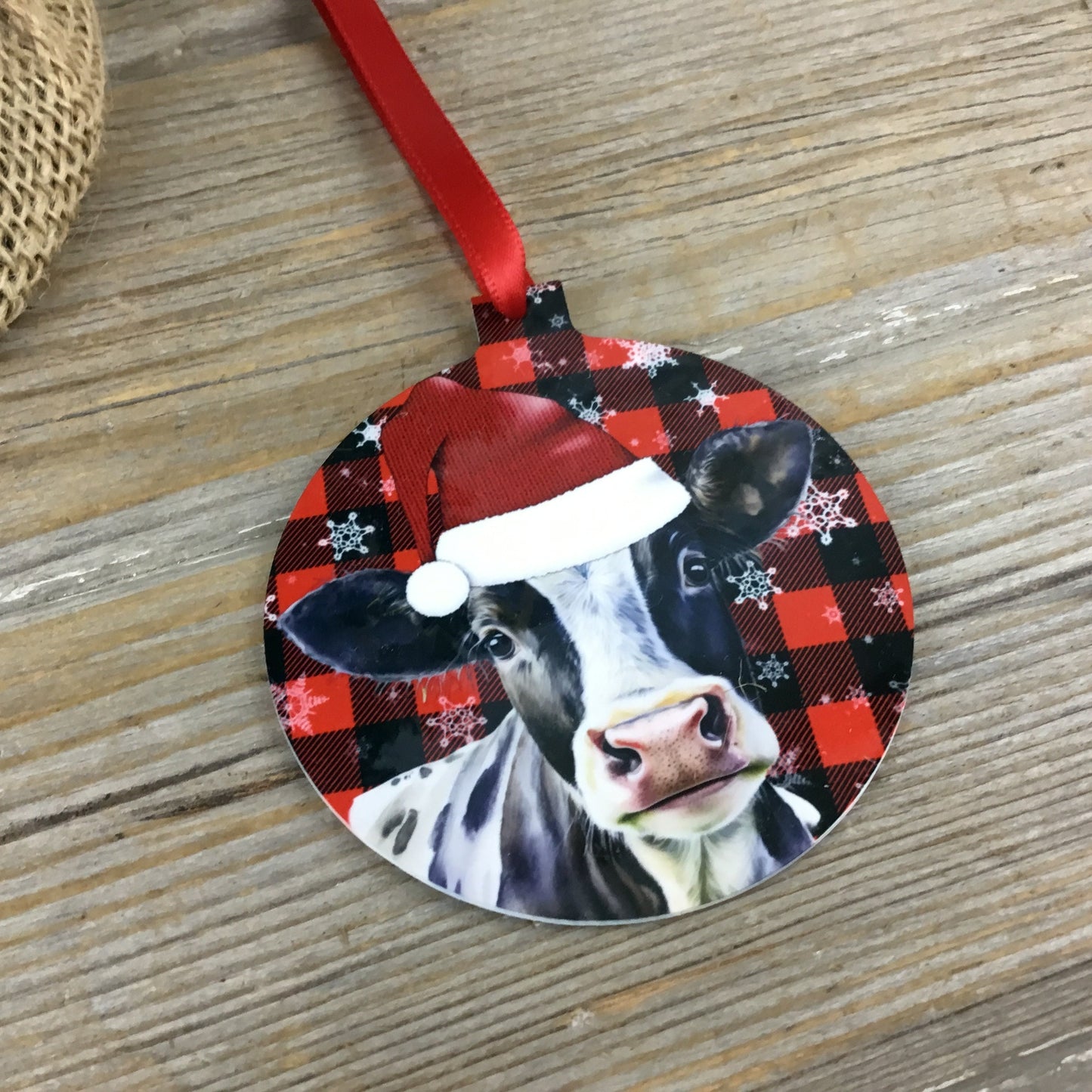 Black and White Santa Cow Christmas Ornament Double Sided