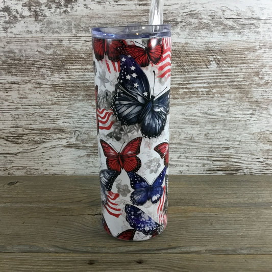 Patriotic Red, White, Blue Butterflies 20 oz Skinny Tumbler