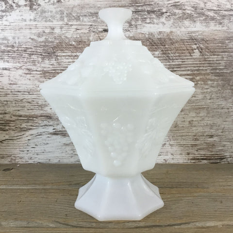 Vintage Anchor Hocking Milk Glass Grape Pattern Pedestal Octagon Candy Dish