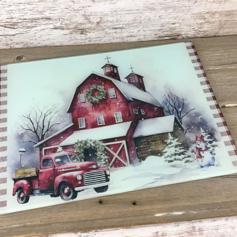 Red Truck Christmas Farm Glass Cutting Board