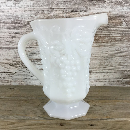 Vintage Anchor Hocking White Milk Glass Pitcher Vase Grapes Vines Leaves