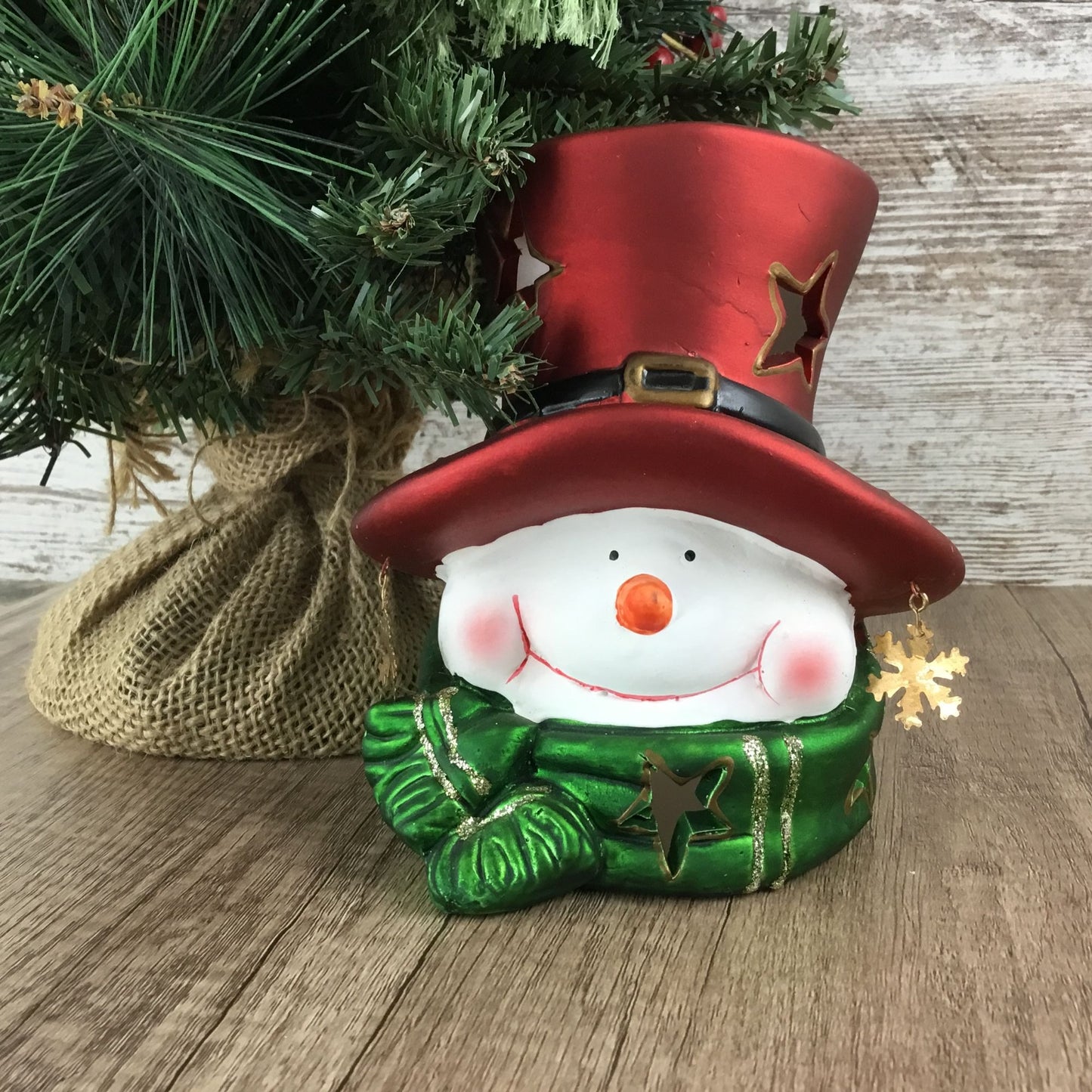 Snowman Tea Light Candle Holder with Star Cutouts and Dangling Snowflakes 6"