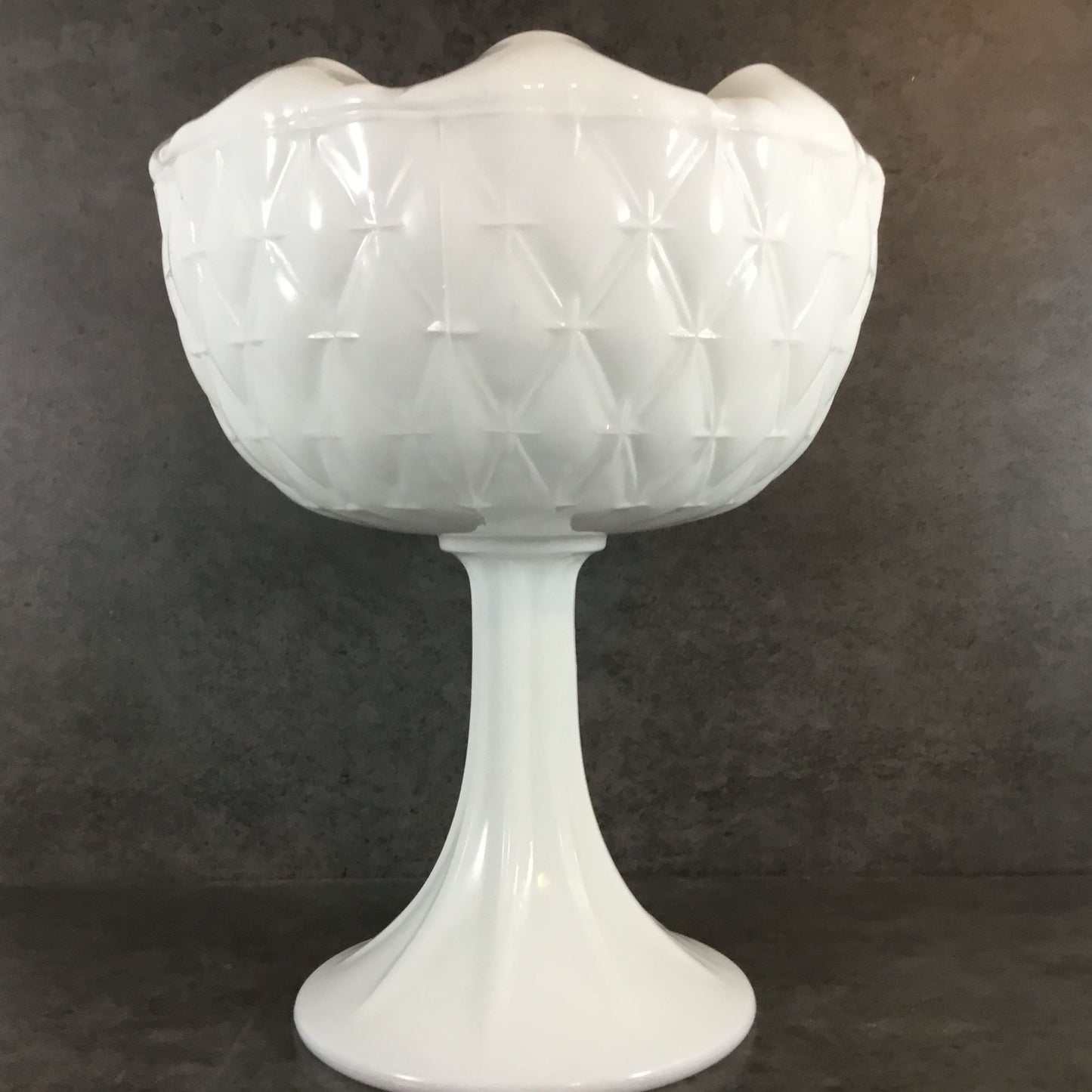 Indiana Glass Milk Glass Pedestal Compote Star Quilt Duette Pattern 9" tall