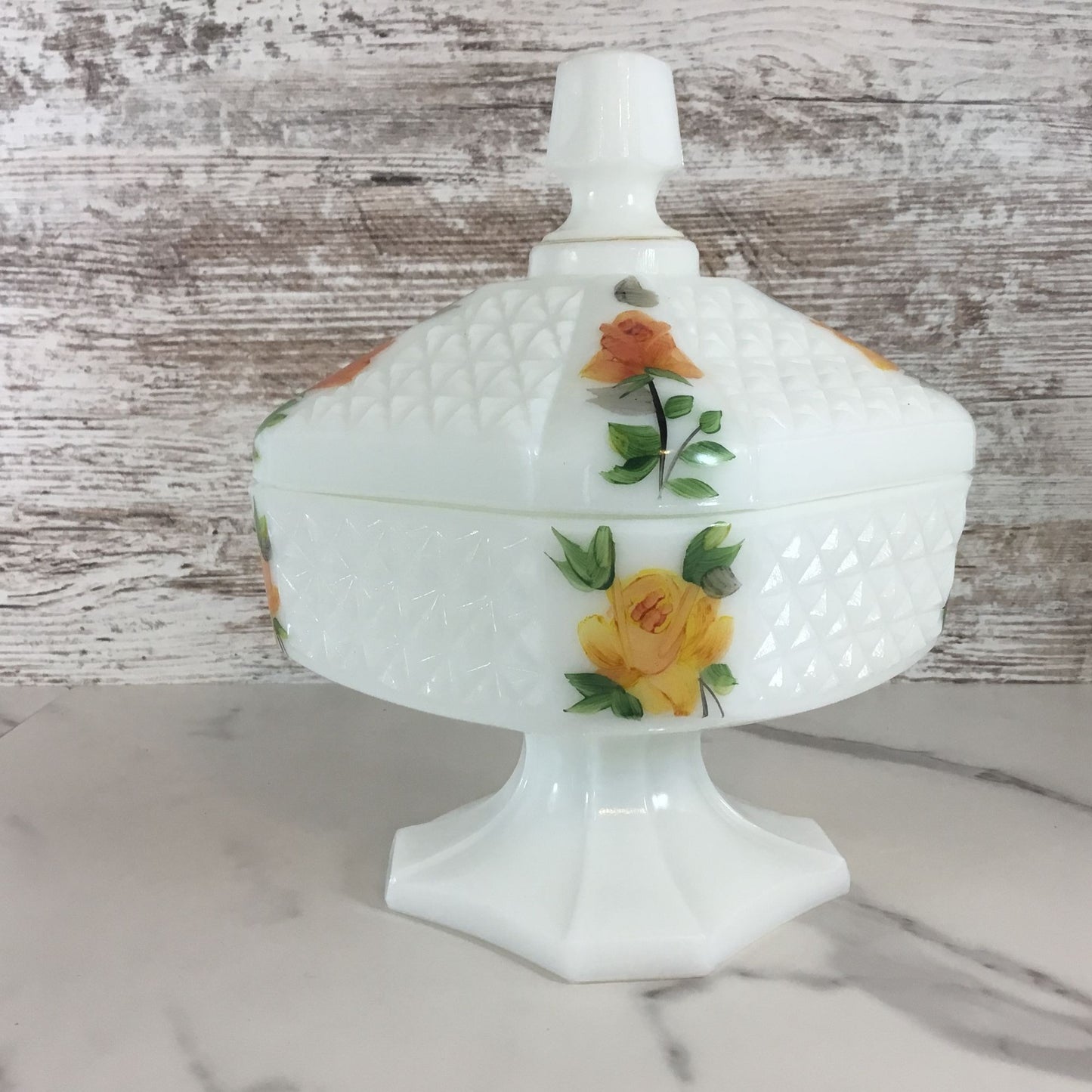 Vintage Milk Glass Lidded Compote Candy Dish With Hand Painted Roses