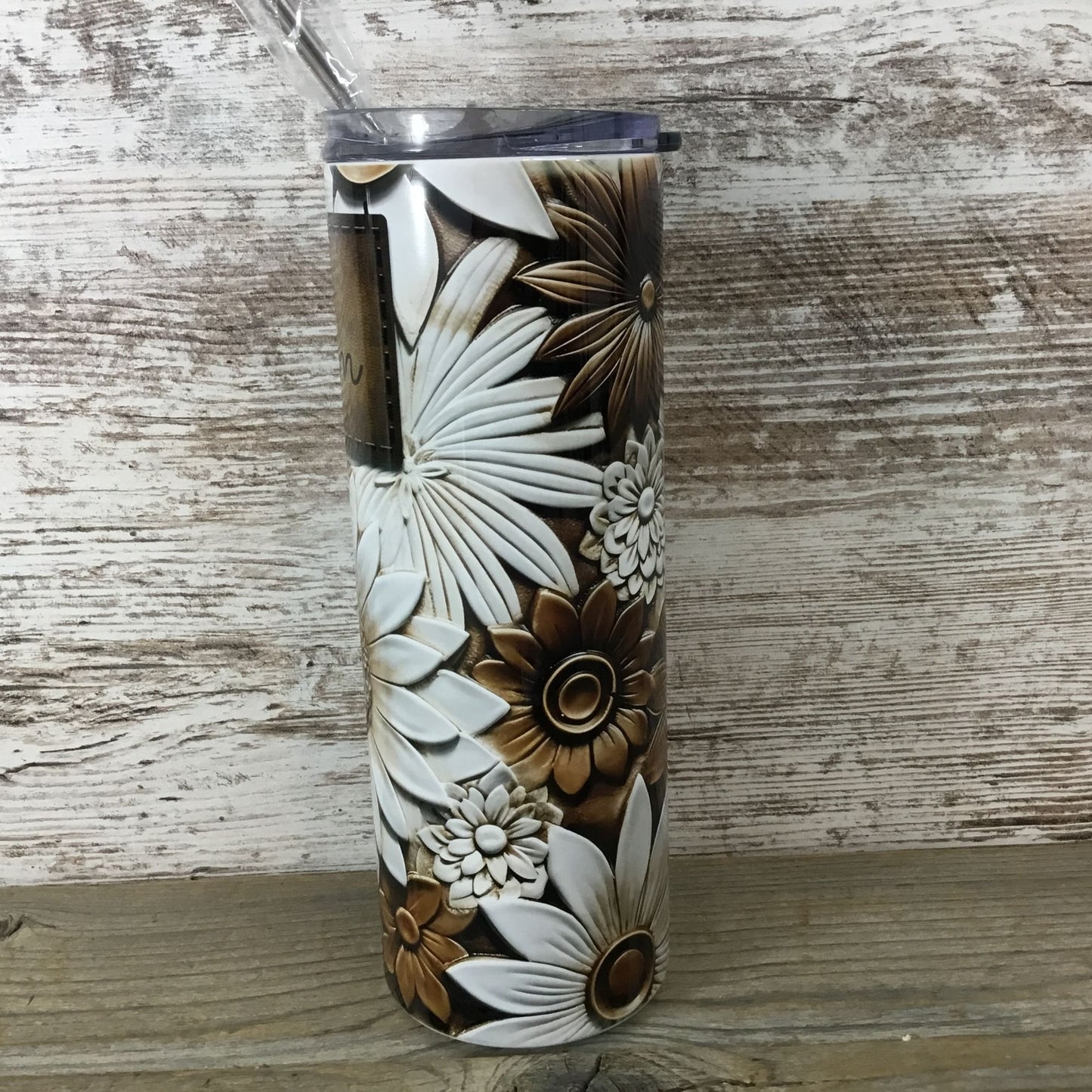 Brown and White Flowers Leather Look Personalized 20 oz Skinny Tumbler