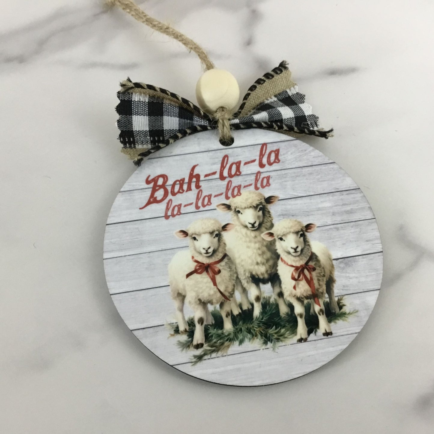 Sheep Bah-la-la-la-la-la-la Christmas Ornament  3.5” Round Wooden Ornament