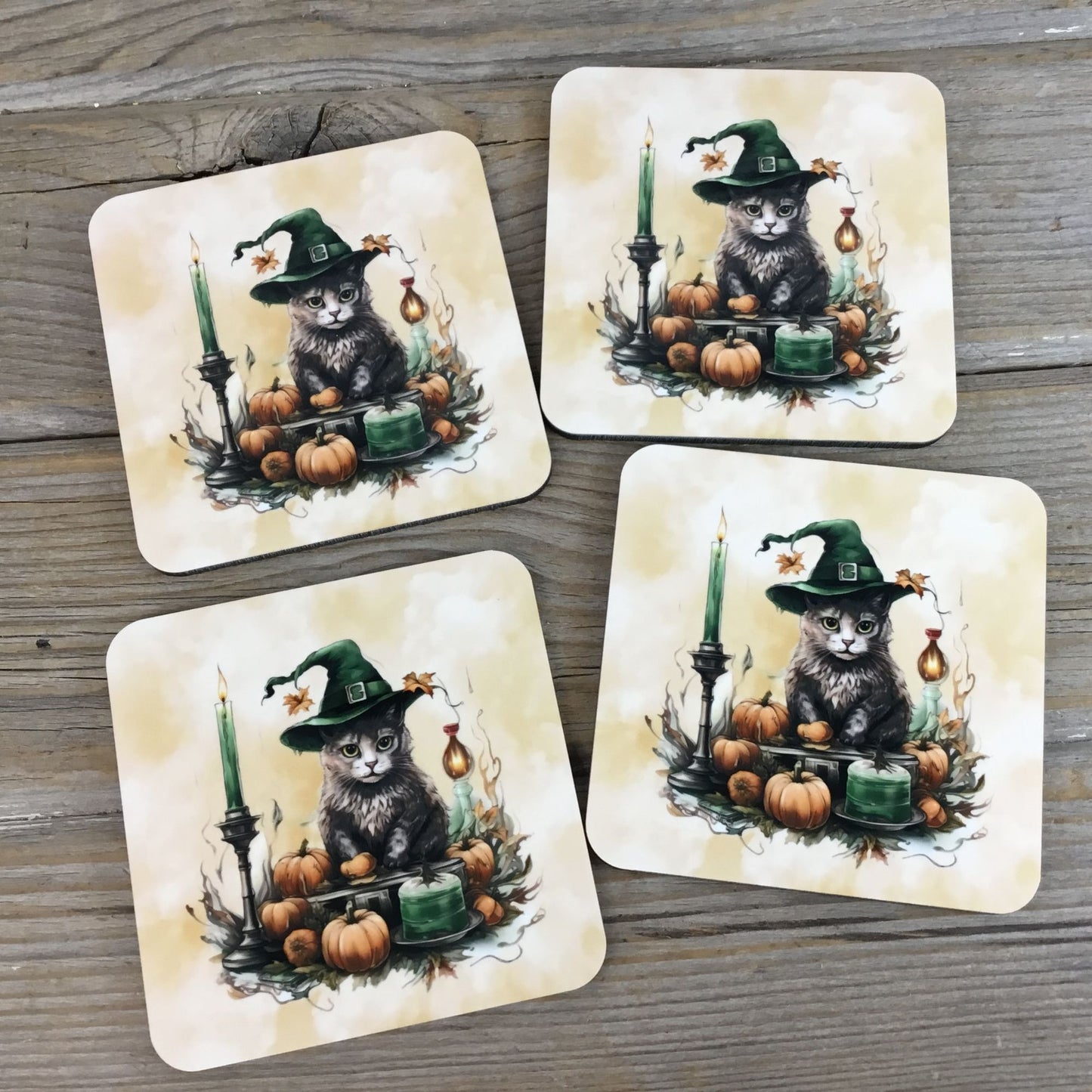 Cat Witch Halloween Drink Coasters Set of 4