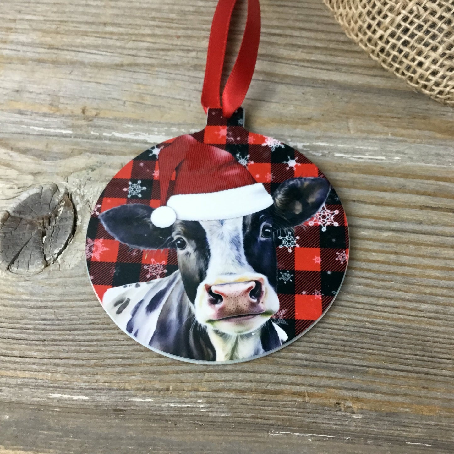 Black and White Santa Cow Christmas Ornament Double Sided