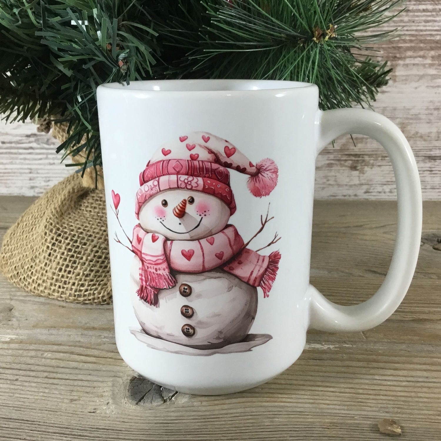 Snowman with Pink Hat & Scarf Ceramic Coffee Mug