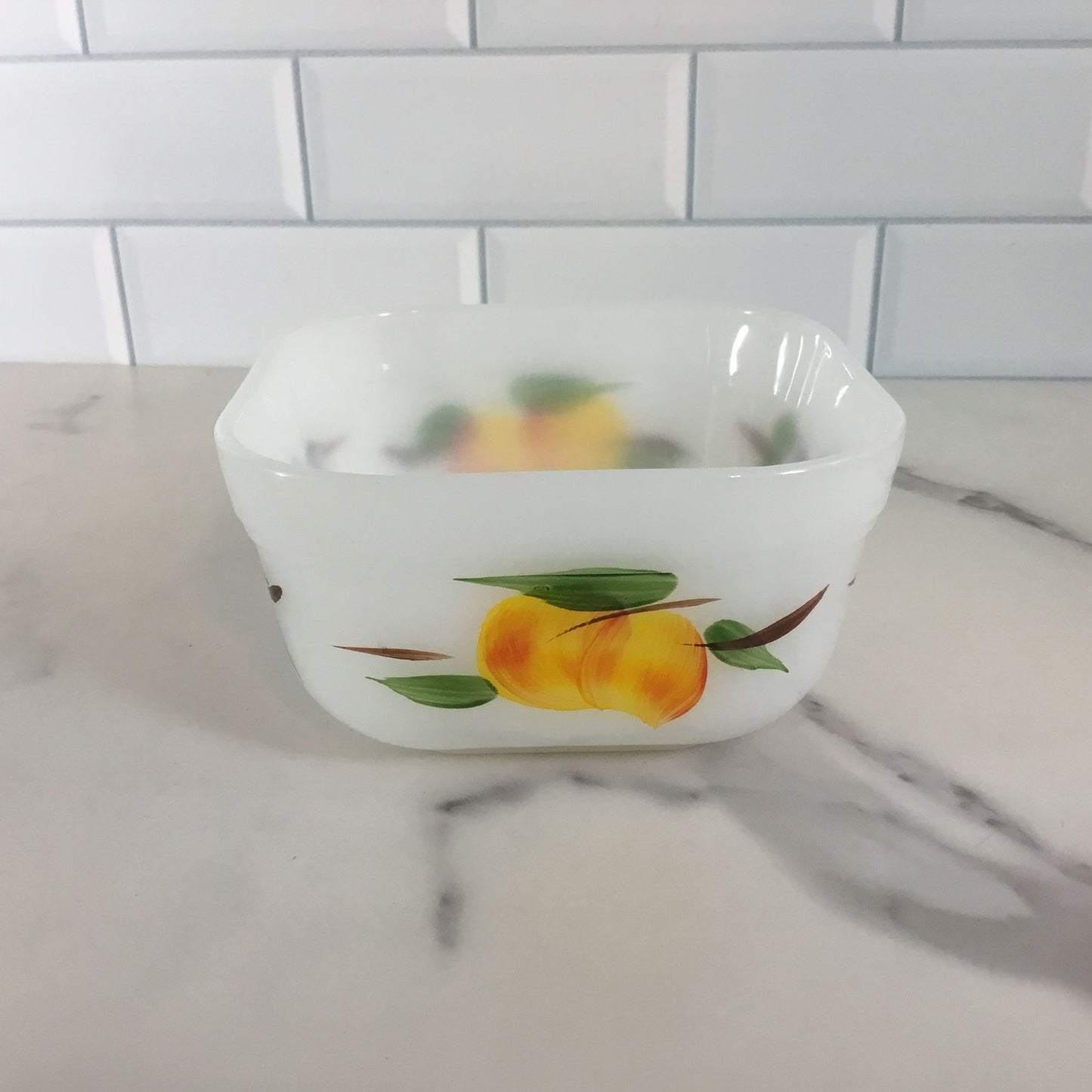 Vintage Fire King Gay Fad Fruits Square 4" Oven Ware Refrigerator Dish NO LID