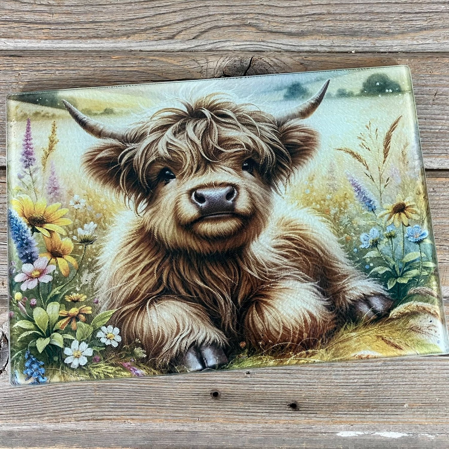 Highland Cow Calf Floral Glass Cutting Board