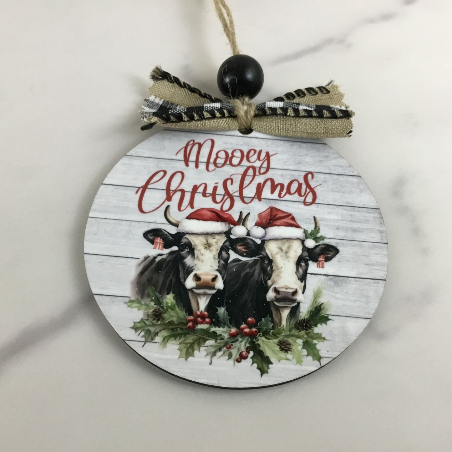 Mooey Christmas Cow 3.5" Round Wooden Christmas Ornament