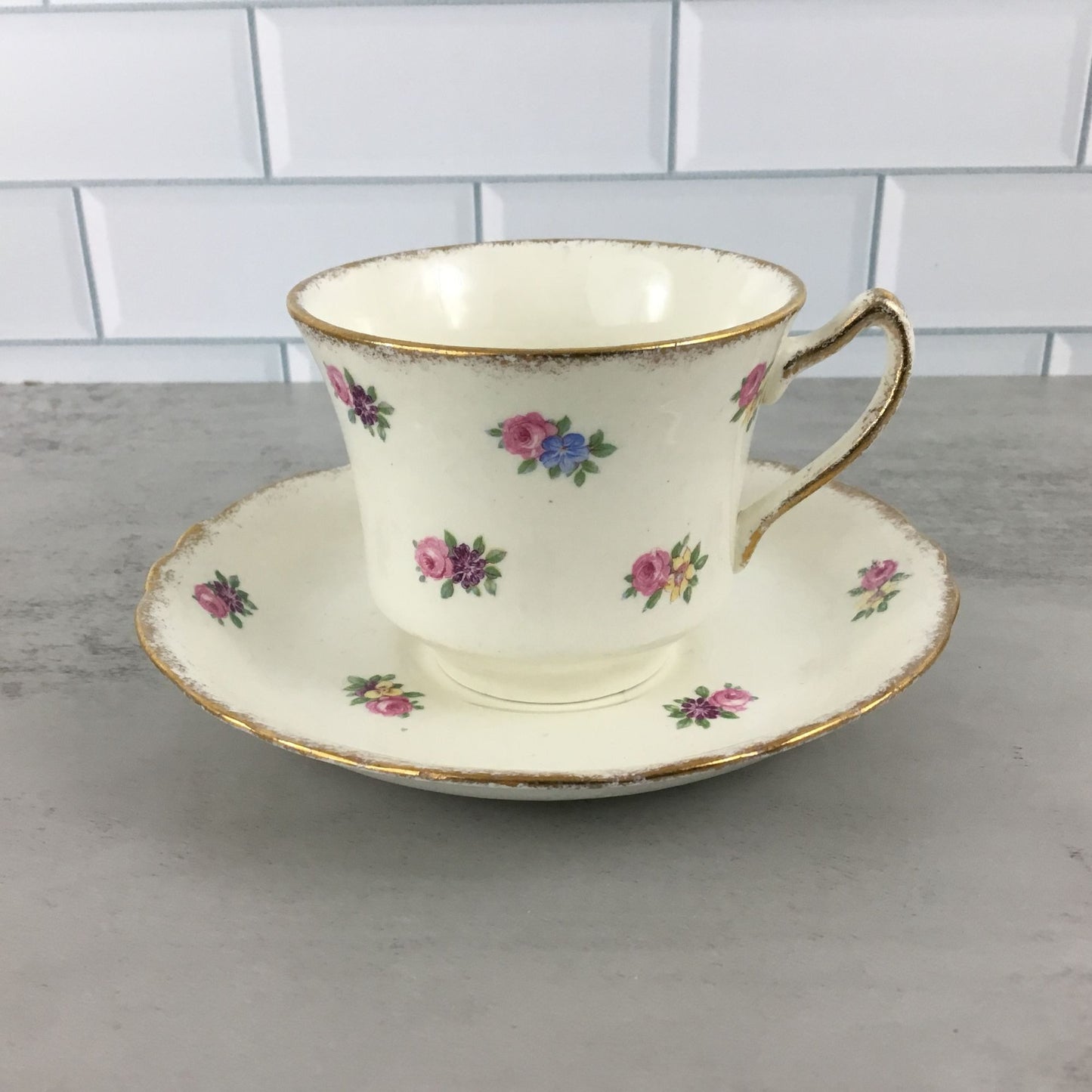 James Kent Floral Tea Cup Saucer Longton England Pink Blue Yellow Flowers