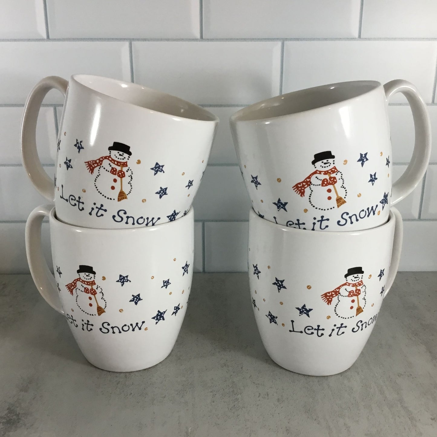 Set of 4 Corelle Frosty Morn Let It Snow Stoneware Cups Winter Snowman