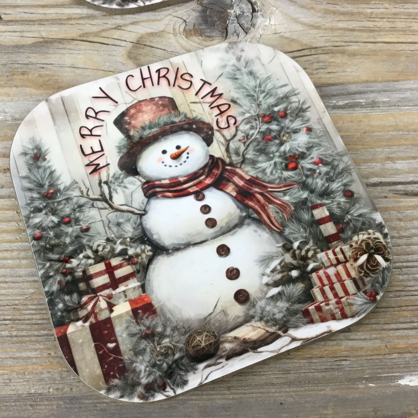 Rustic Snowman Merry Christmas Set of 4 Wooden Coasters