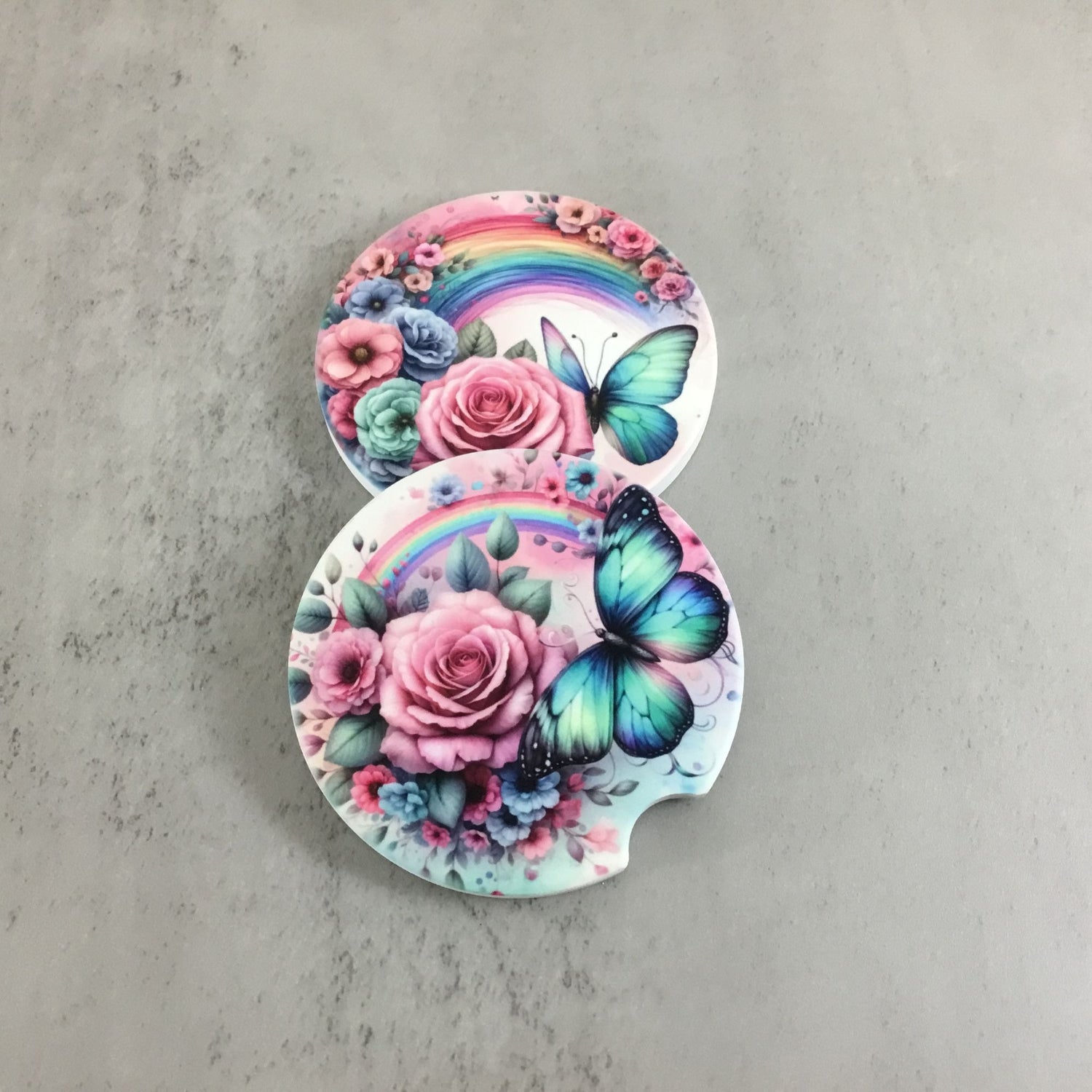 Roses, Butterflies, and Rainbows Car Coasters - Set of 2 Sandstone Coasters