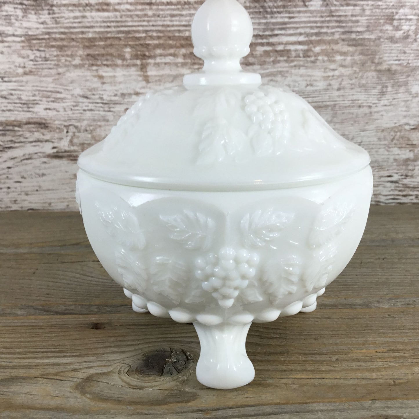 Westmoreland Milk Glass 3-Toed Covered Candy Dish Paneled Grape with Lid