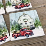 Red Truck Winter Farm Sandstone Coasters Set of 4