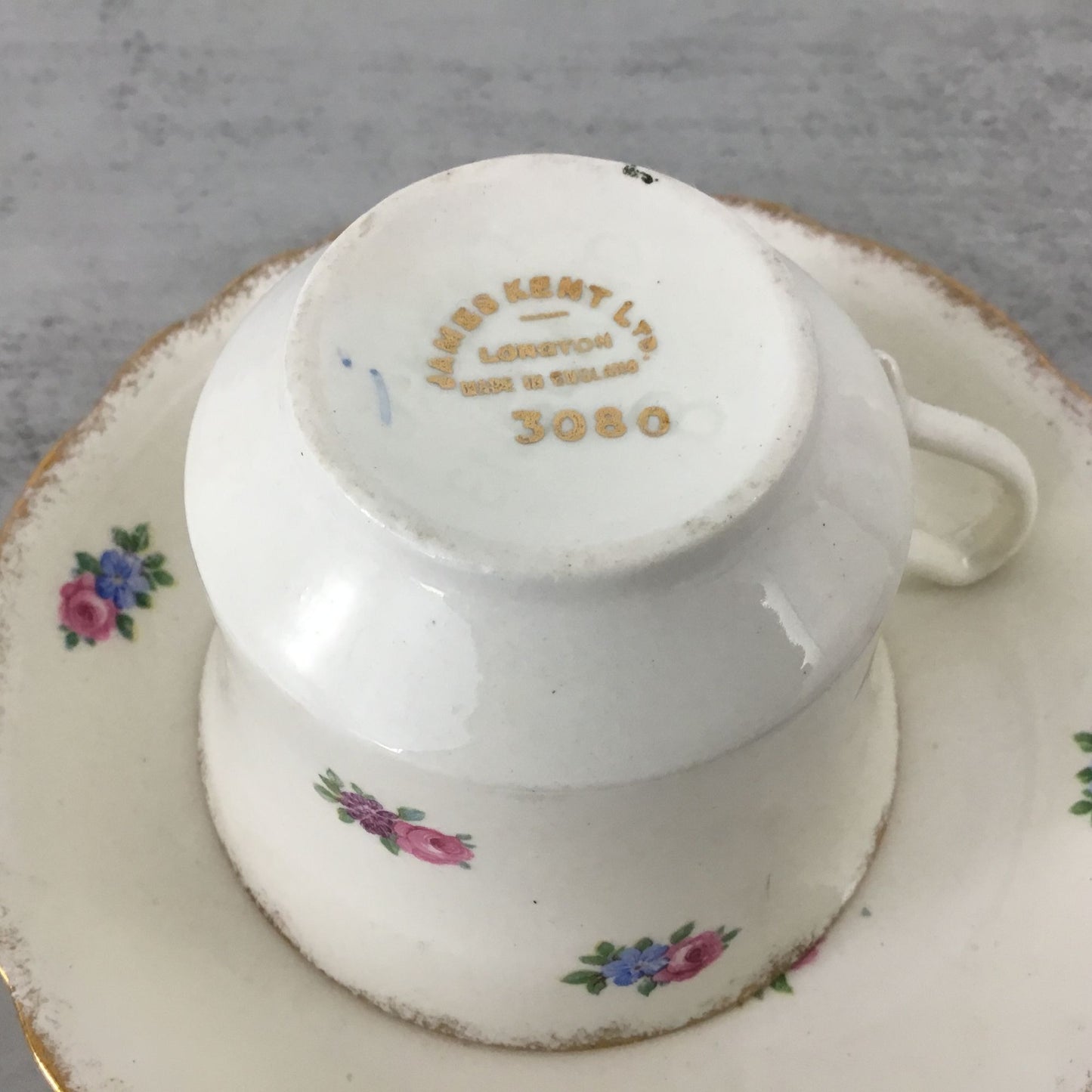 James Kent Floral Tea Cup Saucer Longton England Pink Blue Yellow Flowers