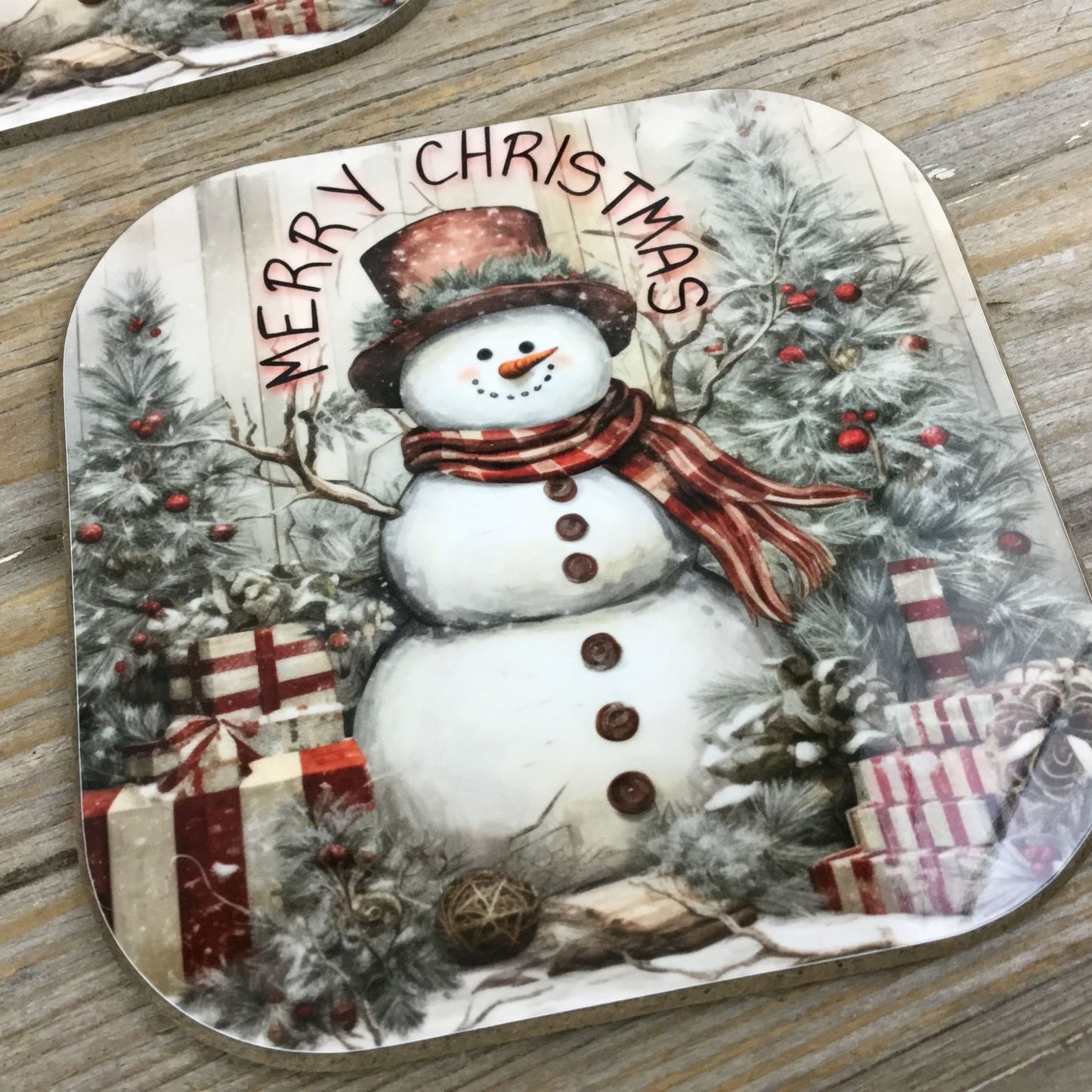 Rustic Snowman Merry Christmas Set of 4 Wooden Coasters