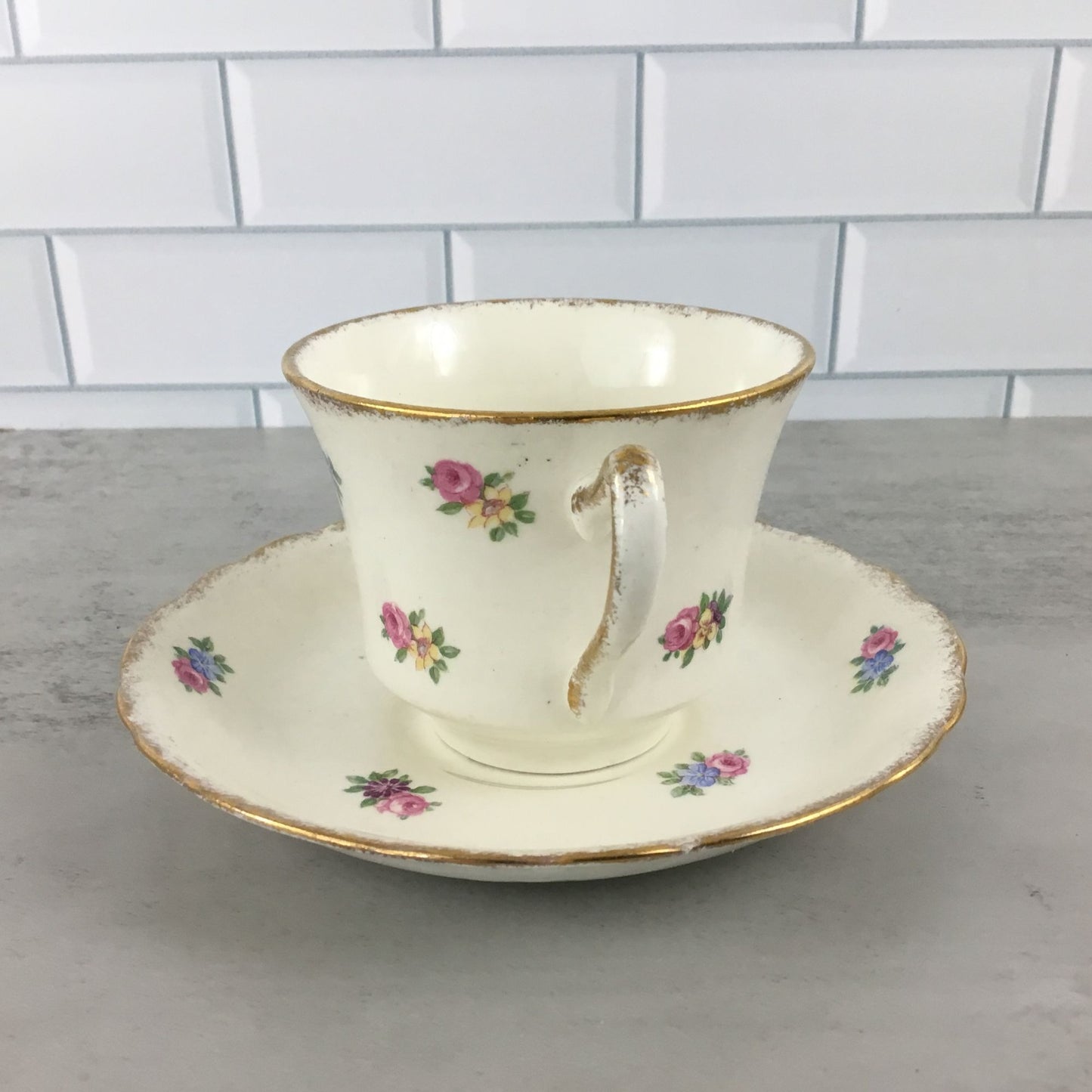 James Kent Floral Tea Cup Saucer Longton England Pink Blue Yellow Flowers