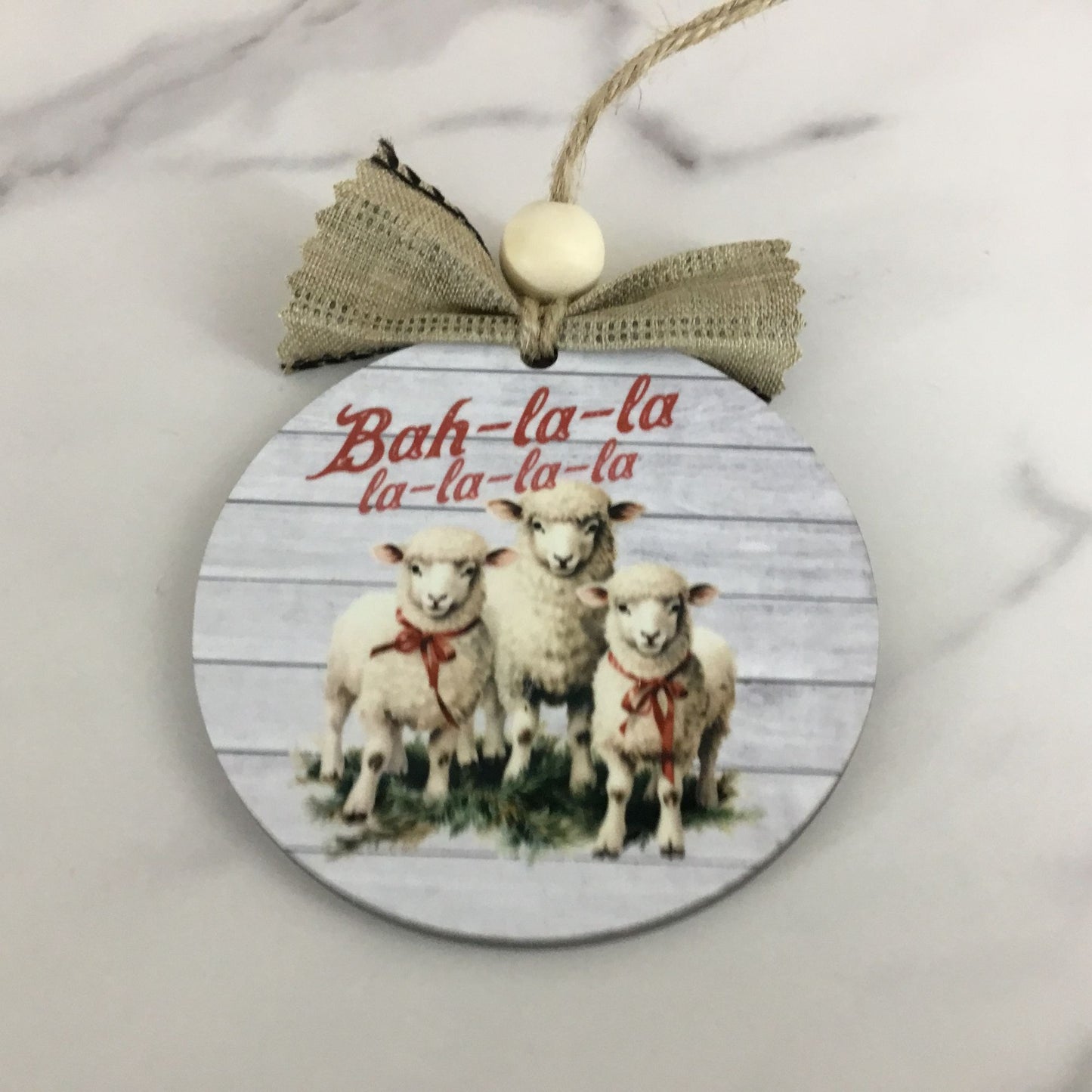 Sheep Bah-la-la-la-la-la-la Christmas Ornament  3.5” Round Wooden Ornament