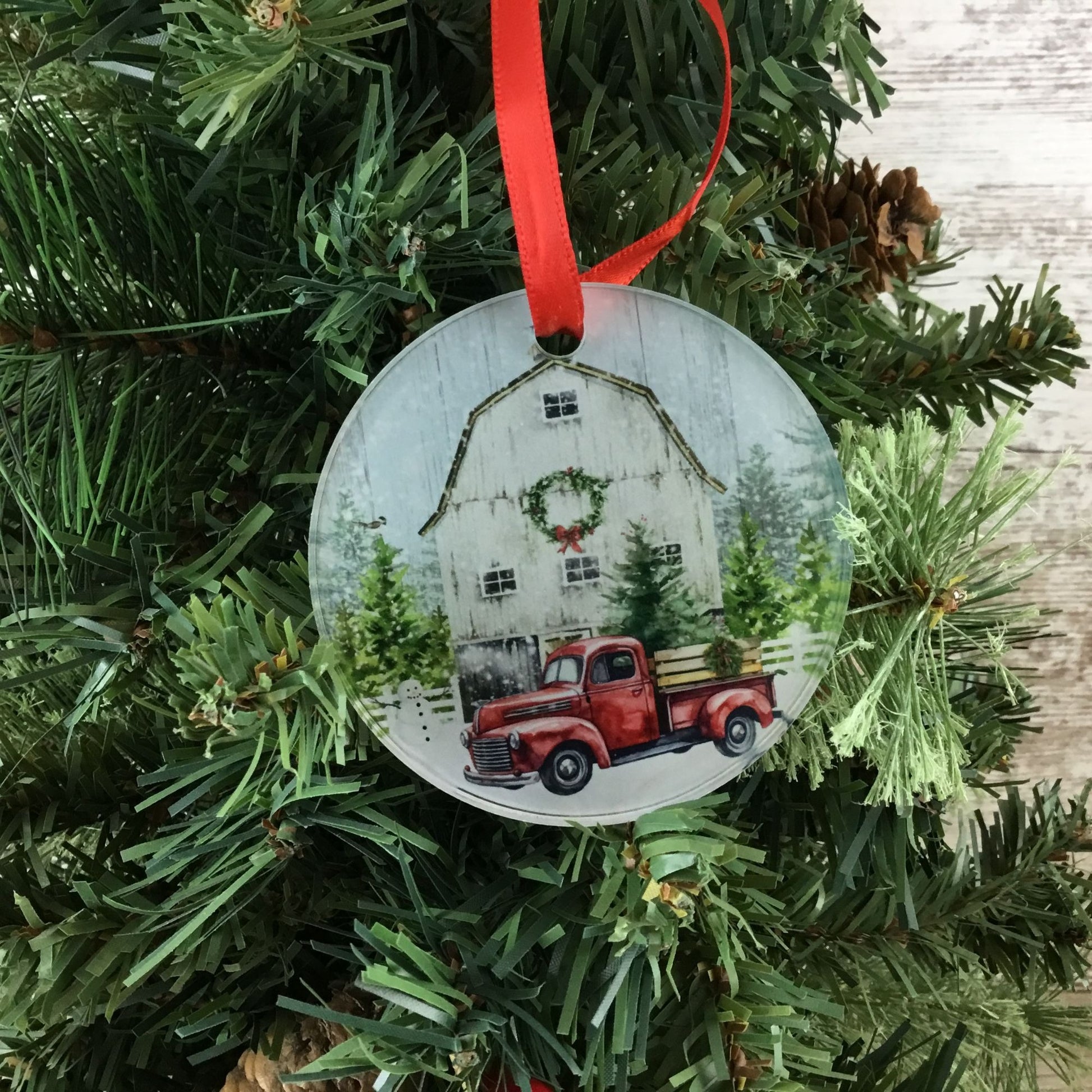 Red Truck Winter Farm Christmas Ornament