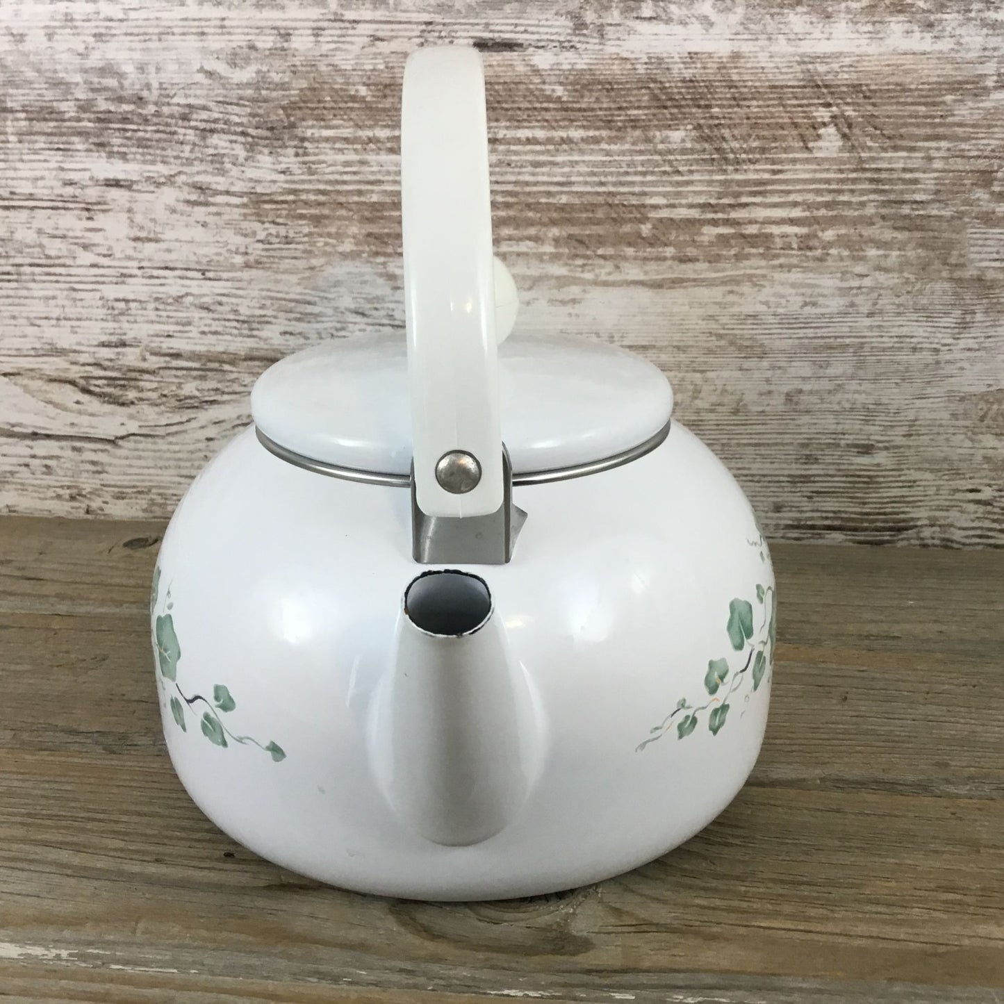 Vintage Callaway Green Ivy White Enamel Teapot With Handle And Lid