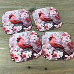 Male Cardinal and Flowers Set of 4 Coasters