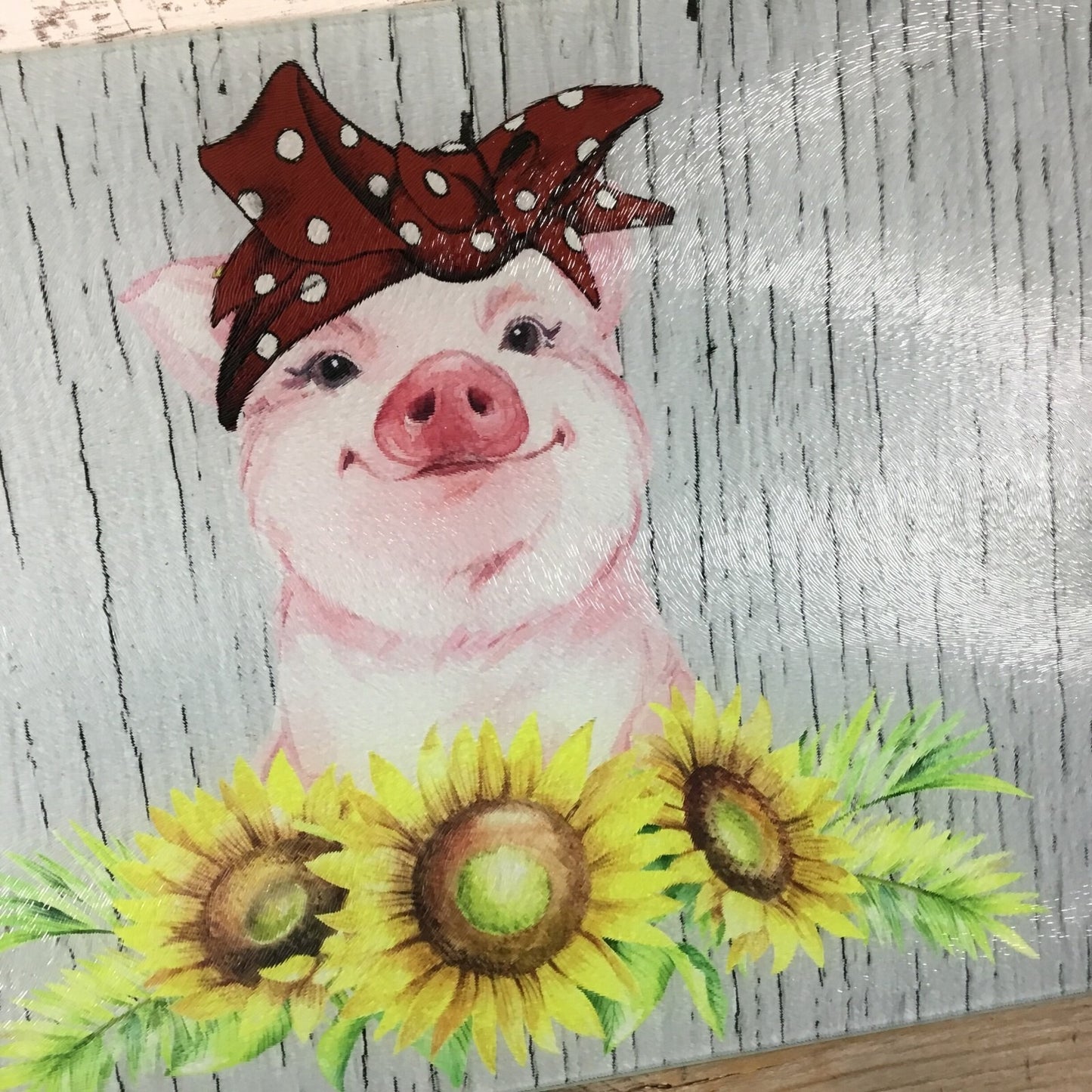 Pig Glass Cutting Board With Sunflowers & Red Bandana Pig Design 11.25" x 15.25"