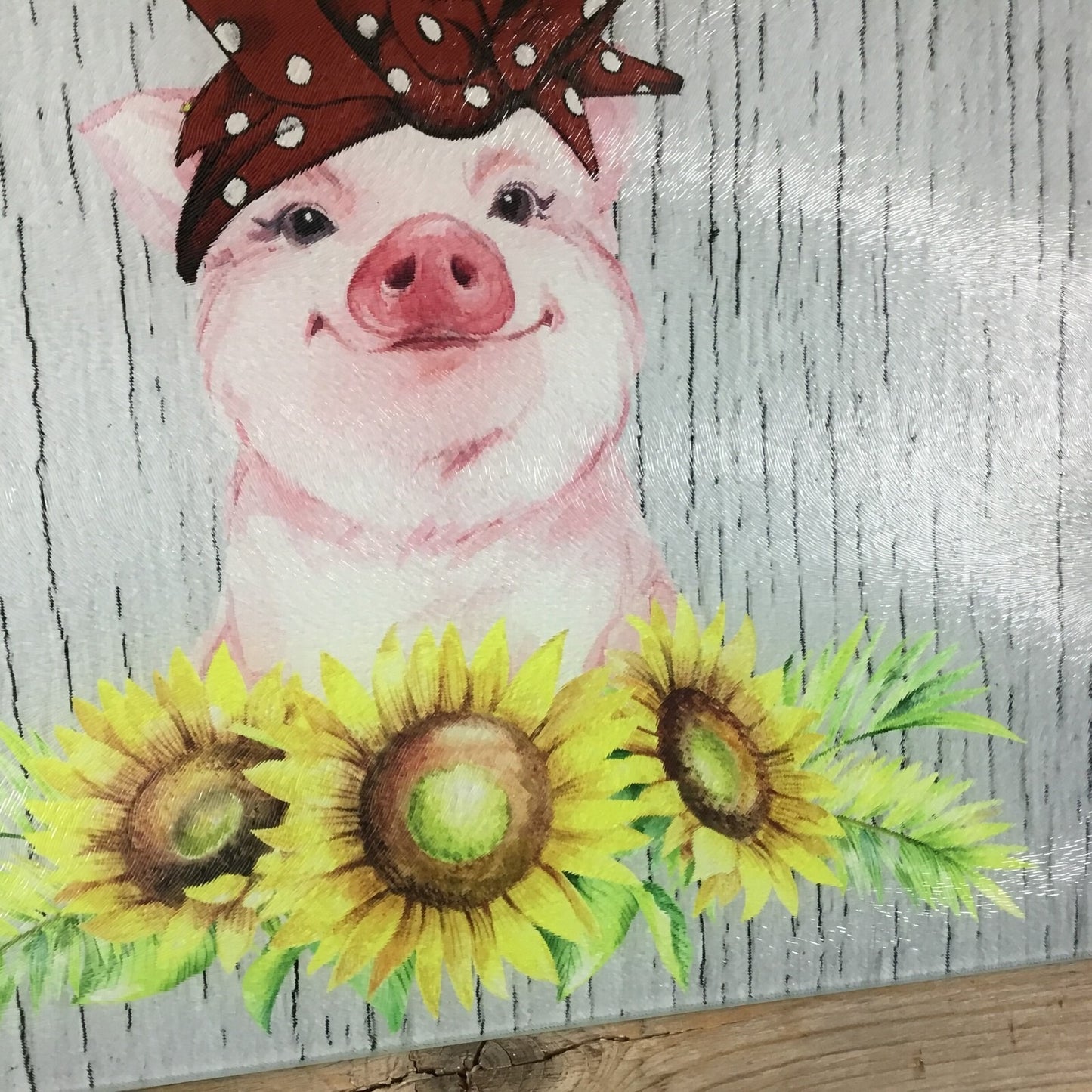 Pig Glass Cutting Board With Sunflowers & Red Bandana Pig Design 11.25" x 15.25"