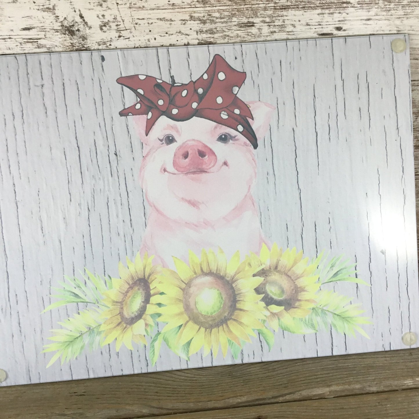 Pig Glass Cutting Board With Sunflowers & Red Bandana Pig Design 11.25" x 15.25"