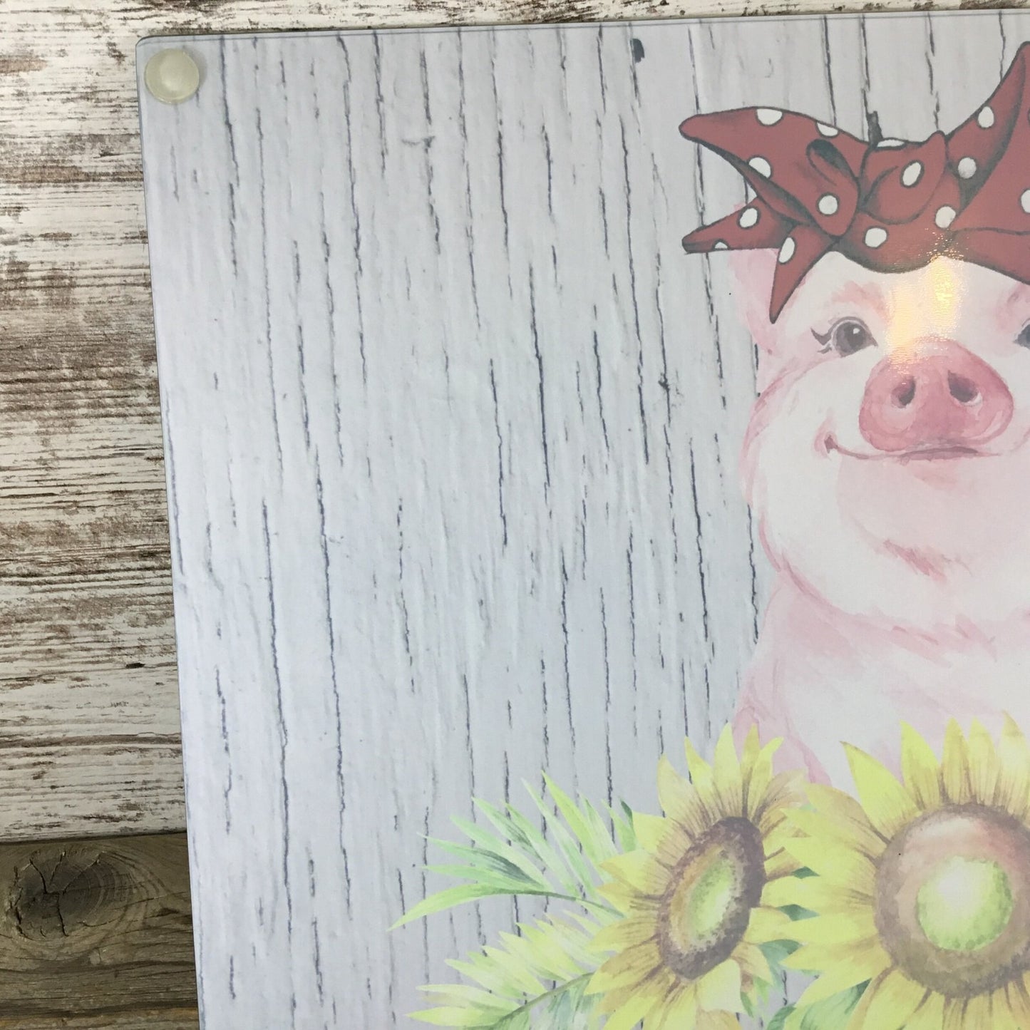 Pig Glass Cutting Board With Sunflowers & Red Bandana Pig Design 11.25" x 15.25"