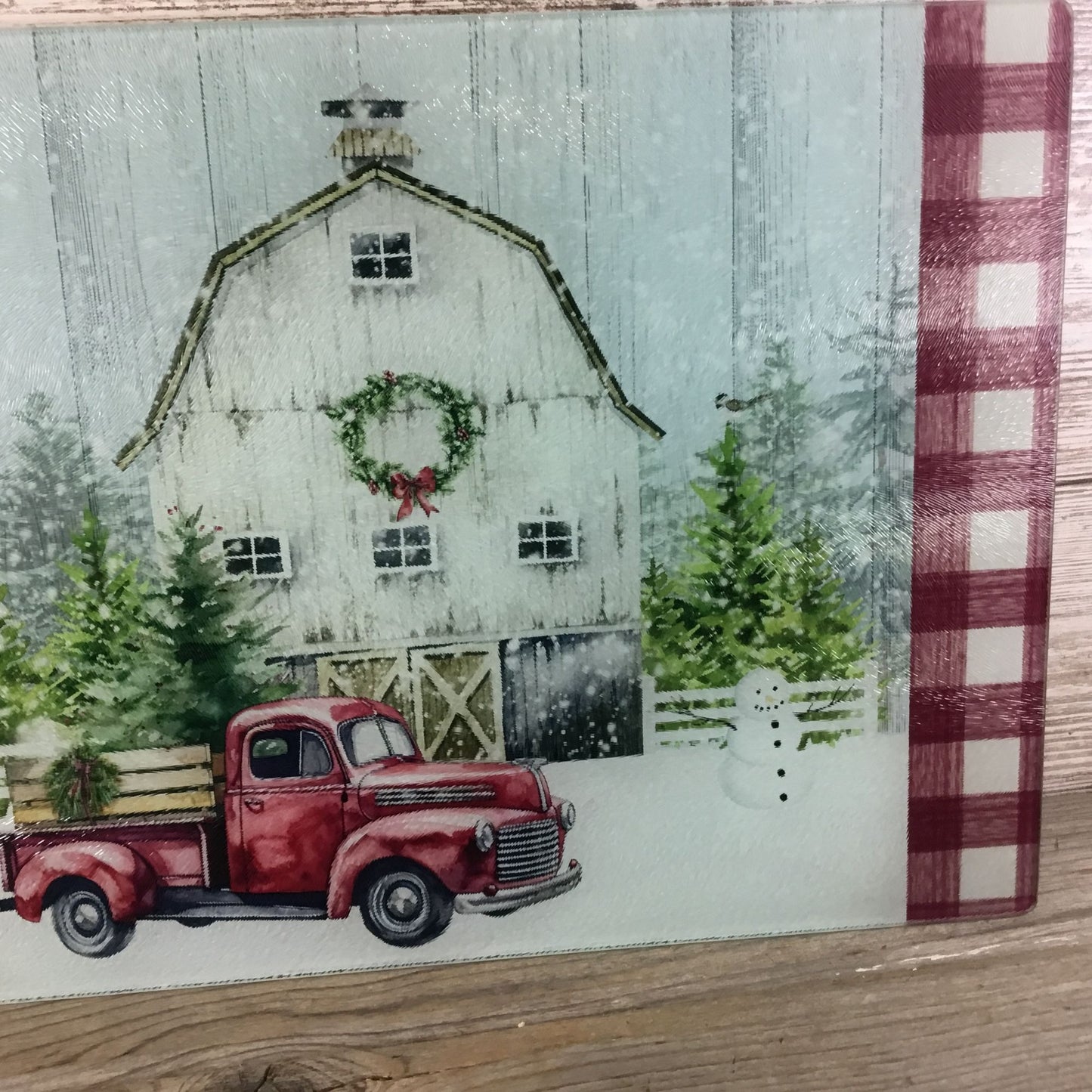 Red Truck Winter Farm Glass Cutting Board