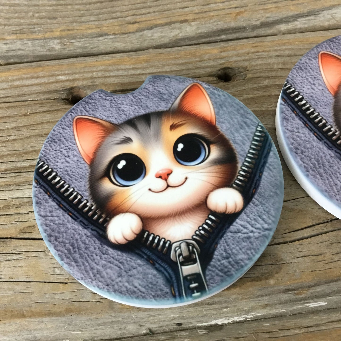 Cat Peek-a-Boo Zipper Car Coasters Set of 2