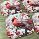 Male Cardinal and Flowers Set of 4 Coasters