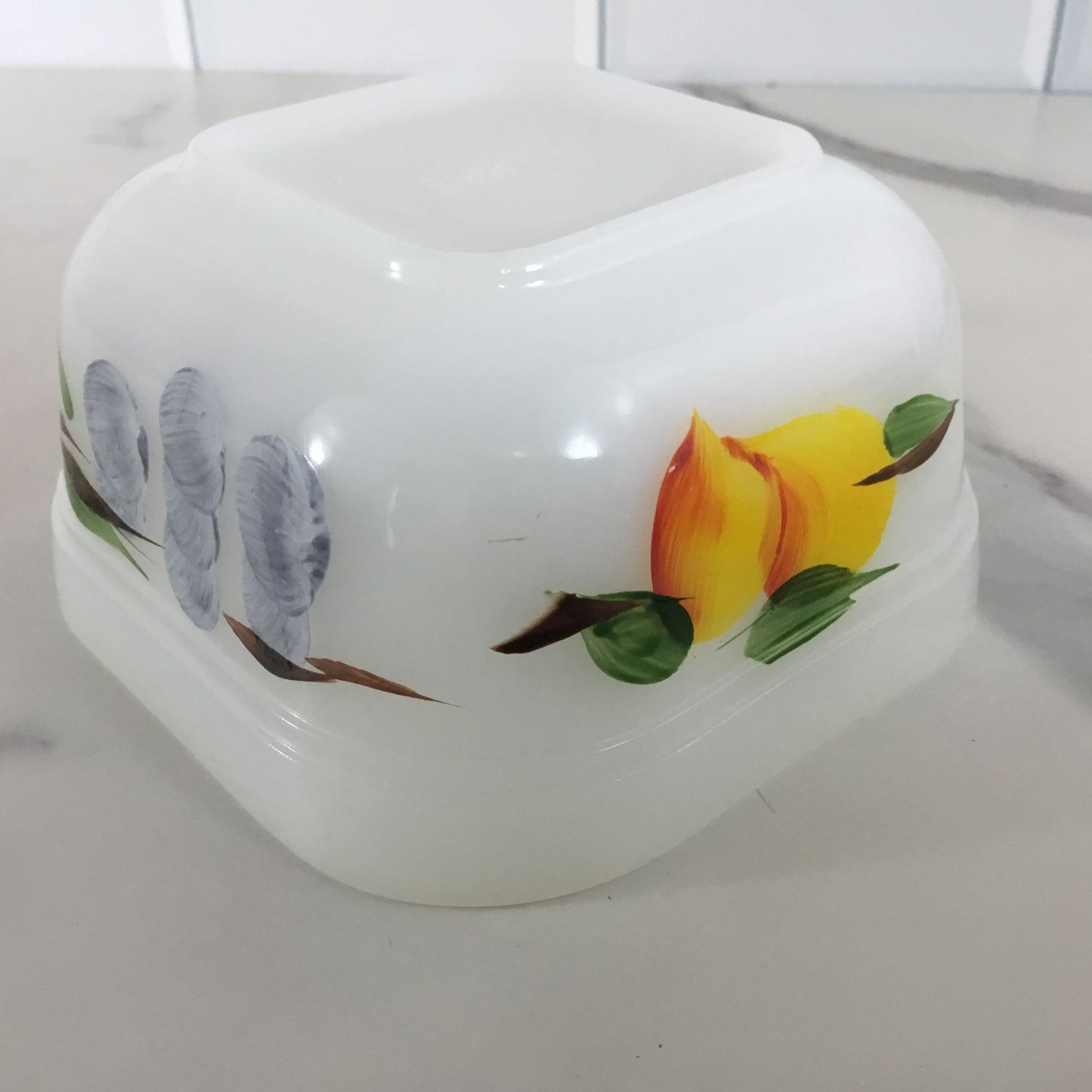 Vintage Fire King Gay Fad Fruits Square 4" Oven Ware Refrigerator Dish NO LID