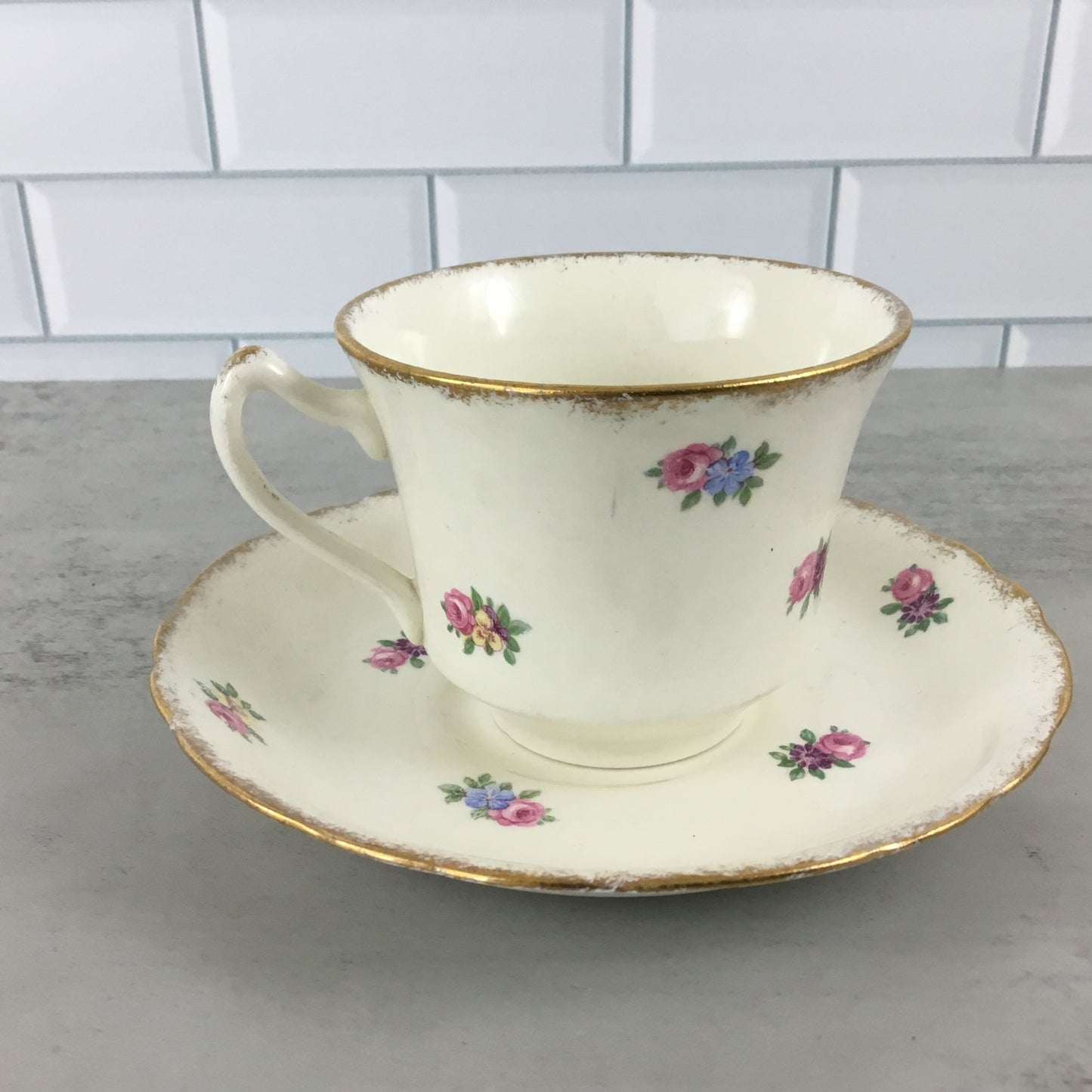 James Kent Floral Tea Cup Saucer Longton England Pink Blue Yellow Flowers