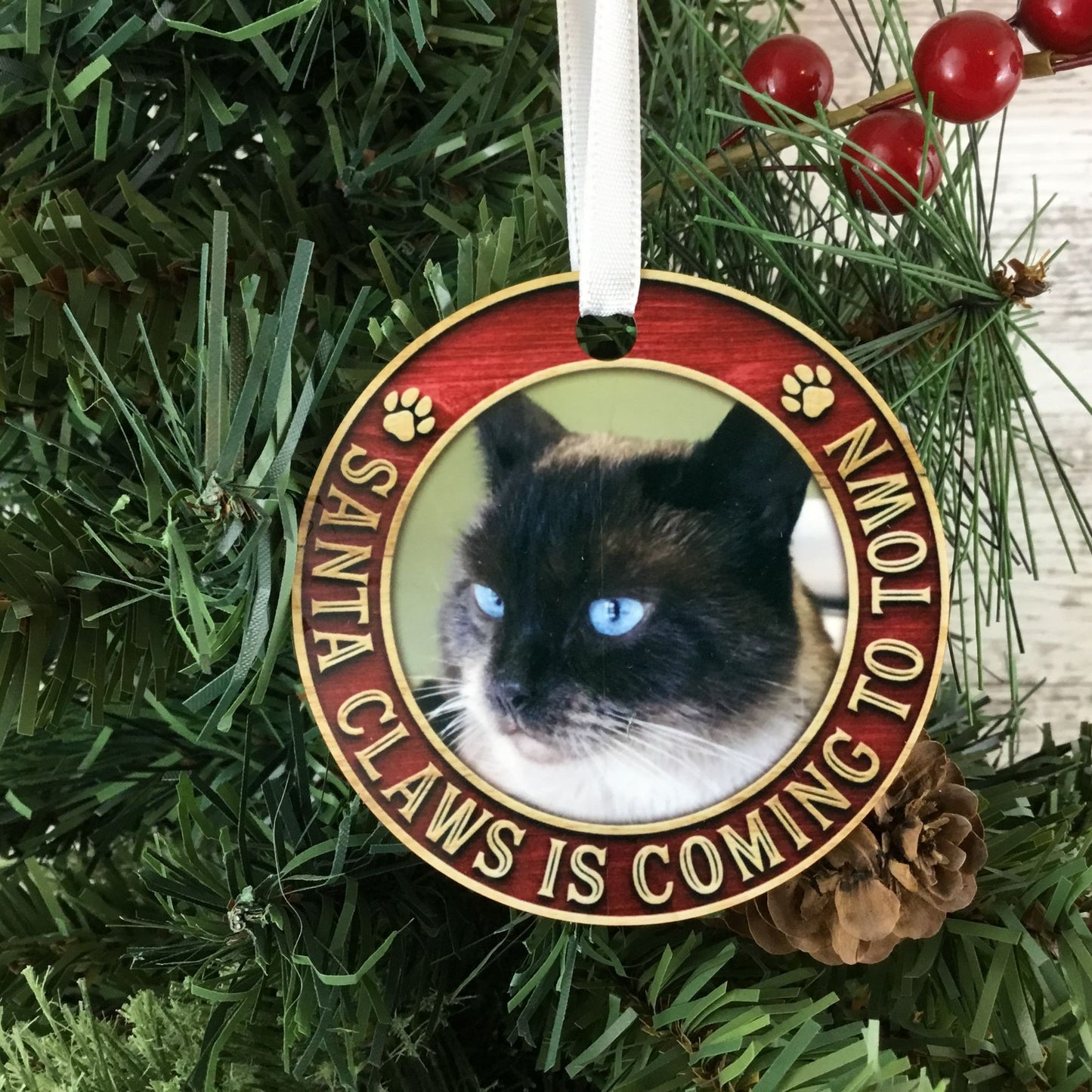 Santa Claws is Coming to Town Cat Picture Christmas Ornament