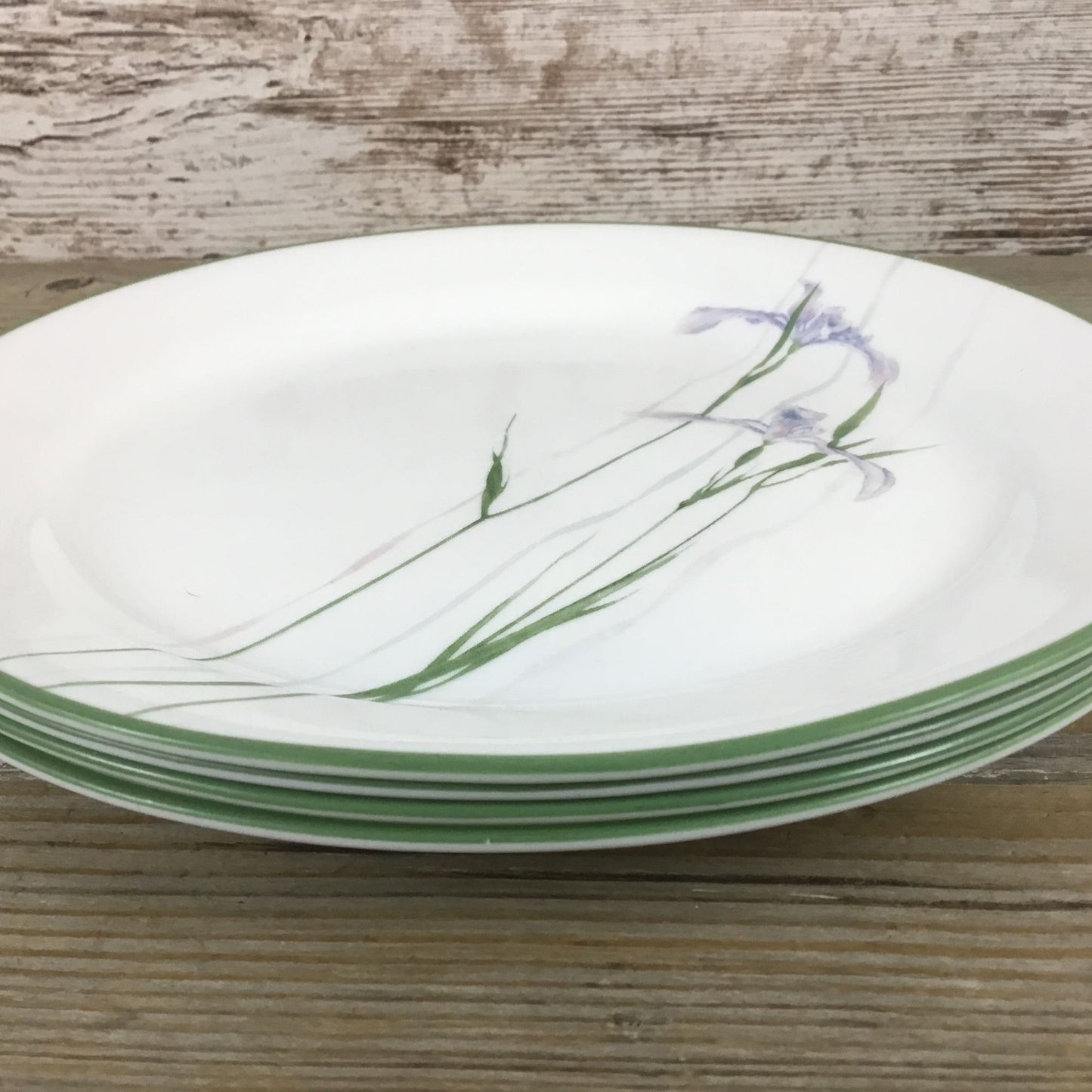 Set of 4 Corelle Shadow Iris Luncheon Plates Purple Flowers Green Rim 9"