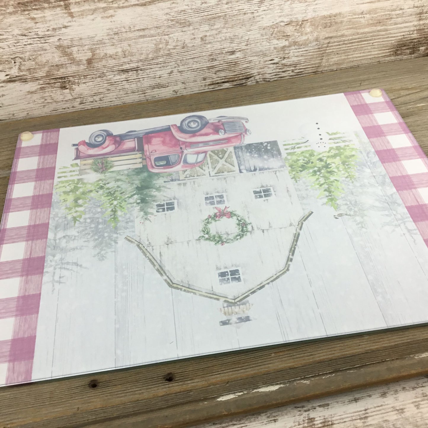 Red Truck Winter Farm Glass Cutting Board