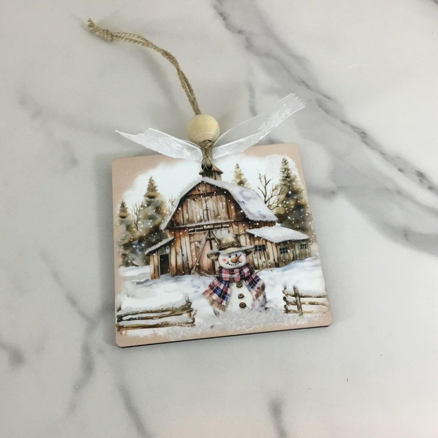 Rustic Country Snowman 3.5" Wooden Christmas Ornament