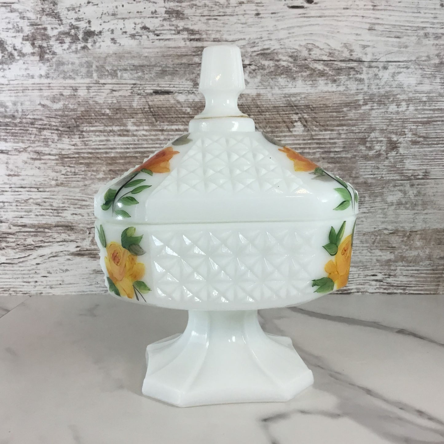 Vintage Milk Glass Lidded Compote Candy Dish With Hand Painted Roses