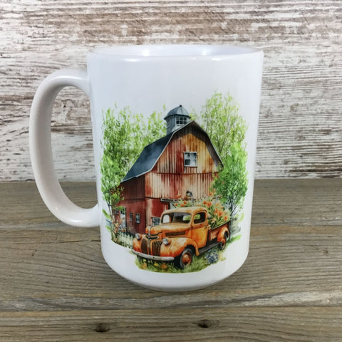 Vintage Orange Truck Rustic Barn 15 oz Ceramic Coffee Mug
