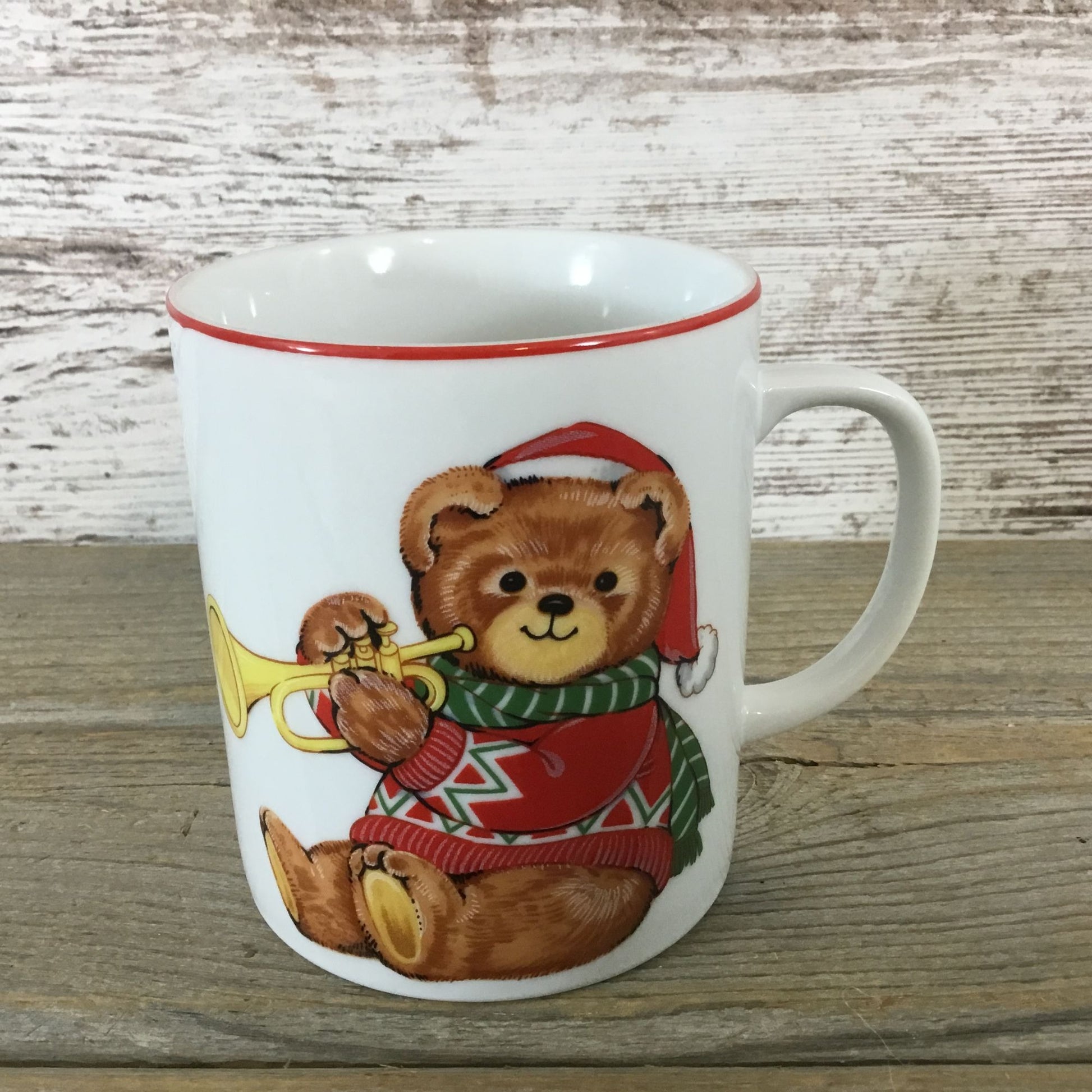 Christmas Teddy Bear Playing Trumpet Coffee Cup Made in Japan 10 oz