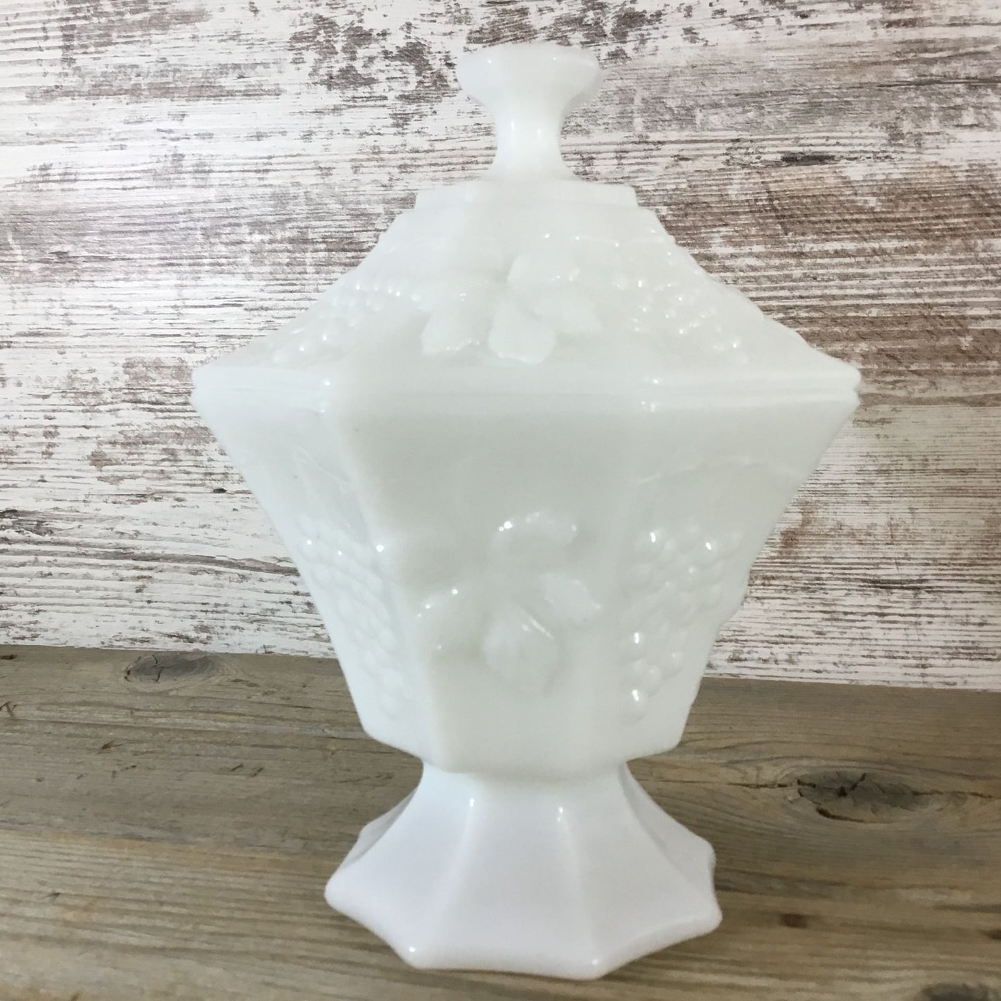 Vintage Anchor Hocking Milk Glass Grape Pattern Pedestal Octagon Candy Dish