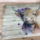 Highland Cow Purple Flower  Glass Cutting Board