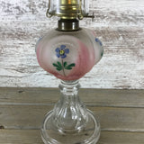 Vintage Kerosene Oil Lamp Pink & Frosted Glass Blueish Purple Flowers 17"