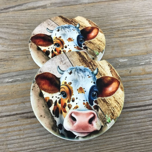 Peeking Cow Rustic Car Coasters Set of 2