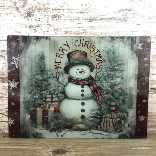 Rustic Snowman Merry Christmas Glass Cutting Board